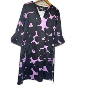 Lesley Evers Maeve Dress Black Lavender Floral Tunic Sz XL Resort Vacation Retro